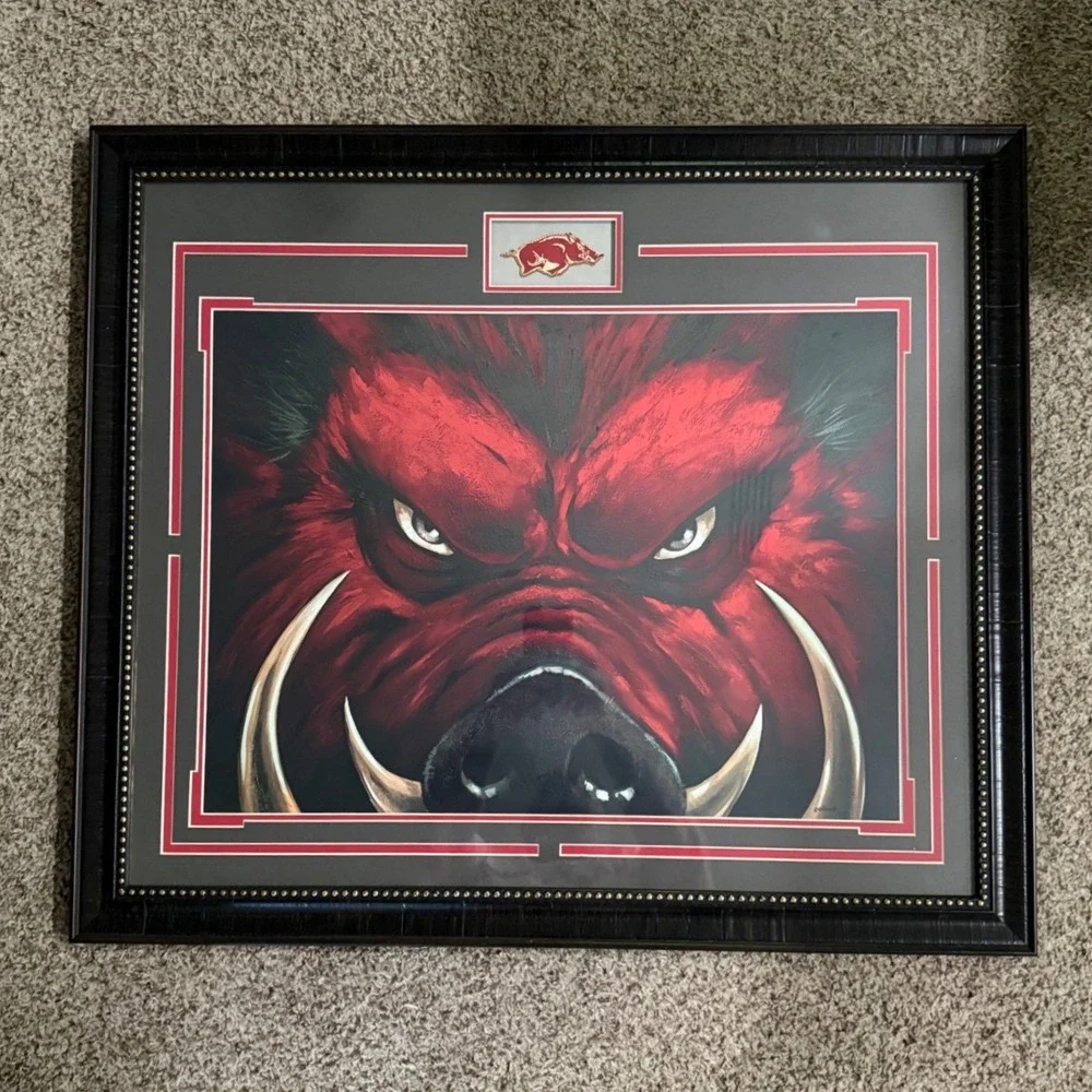 Arkansas Razorbacks Framed Wall Art Red Boar Hog Fan Cave Decor 31x26